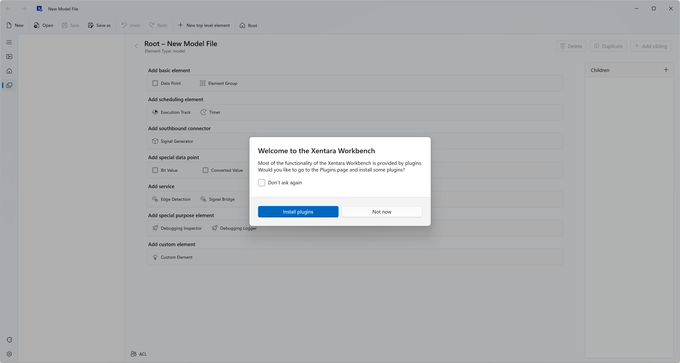 Screenshot of the Workbench at first start, prompting the user to install plugins