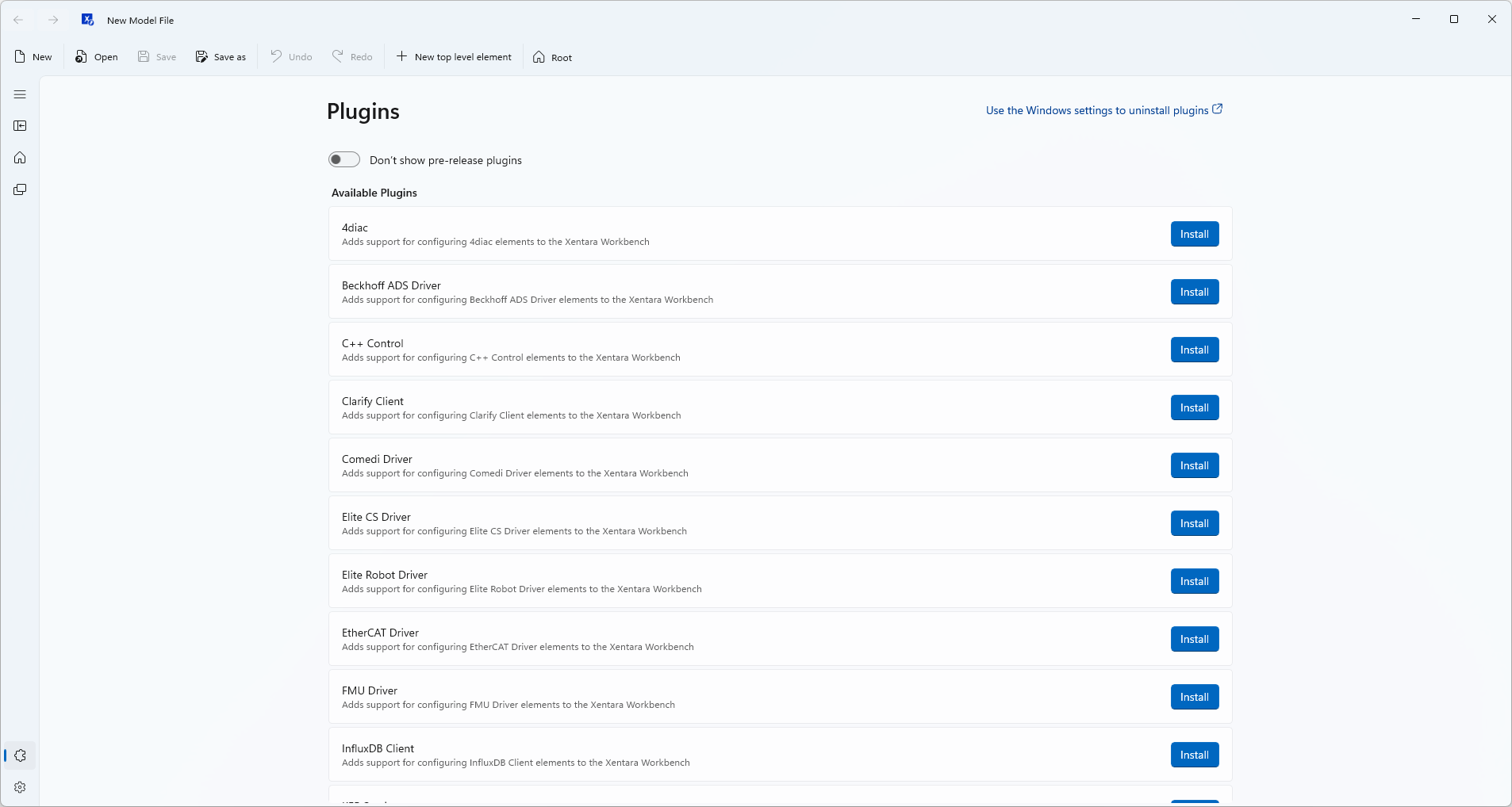 Xentara Workbench Plugin Management Screen