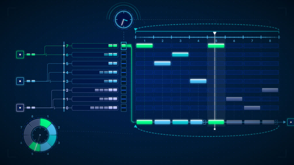Neon diagram of a time-aware shaper: eight priority queues, 7 to 0, feed transmission gates; only the gate for the current time window is open, driven by a synchronised clock. A cyclic eight-window schedule at right sets which queue sends when.