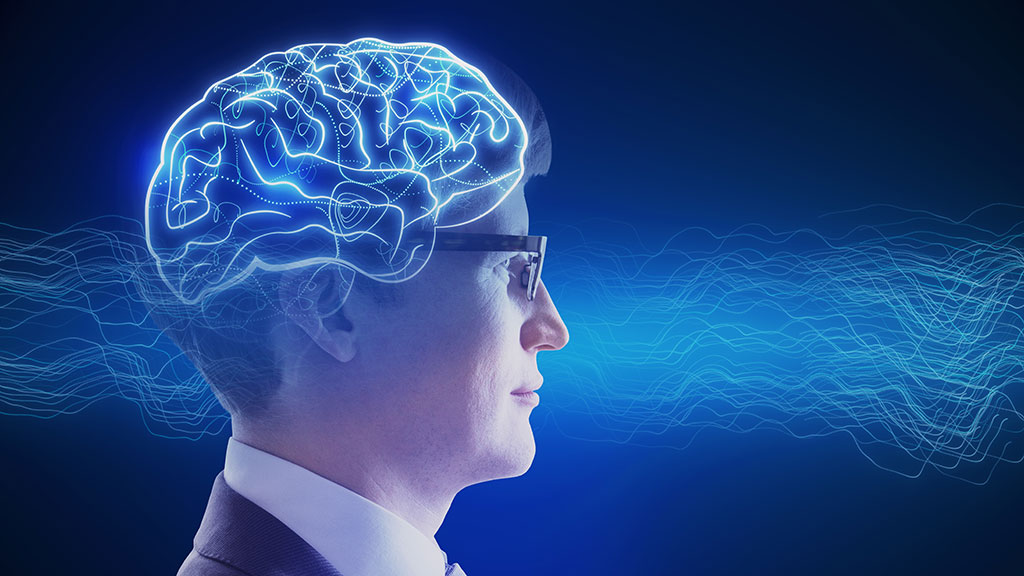 Illustration of a businessman with an overlaid glowing brain graphic (representing AI)