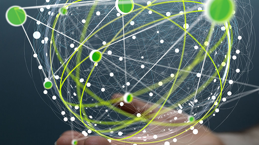 Abstract illustration of network discovery visualized as a sphere of connected dots and their intersecting orbits