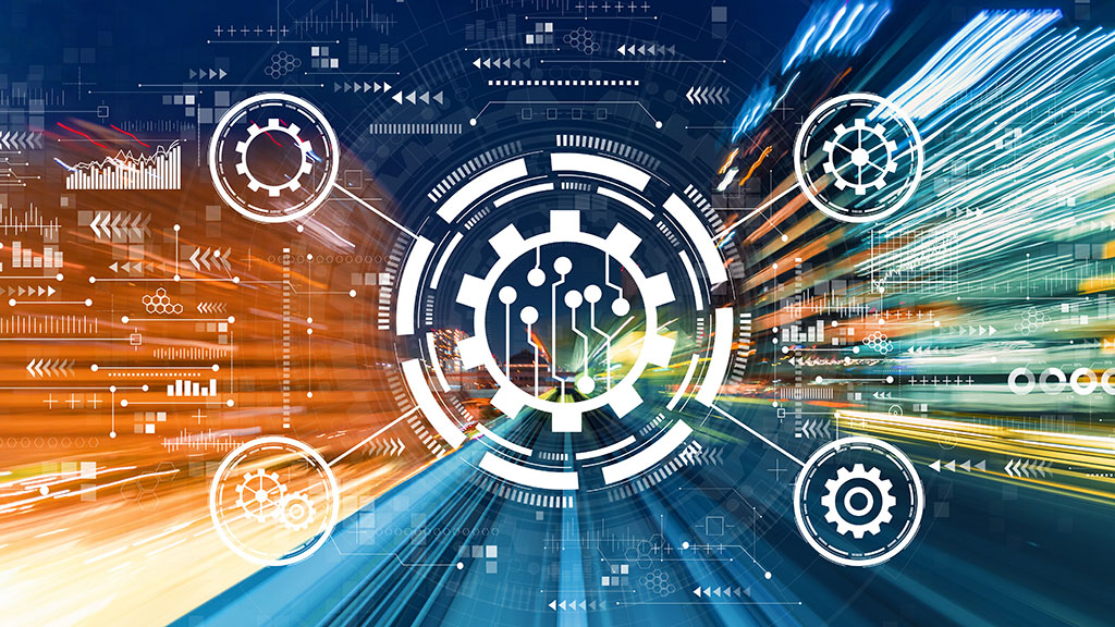 abstract illustration of high speed data streams overlayed with connected icons representing a central intelligence and surrounding control units